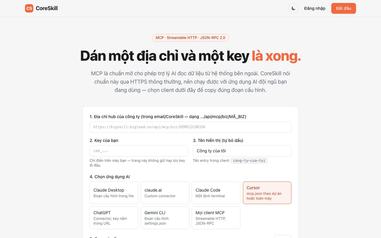 Sinh cấu hình MCP cho trợ lý AI trên Cổng chia sẻ AI Skills