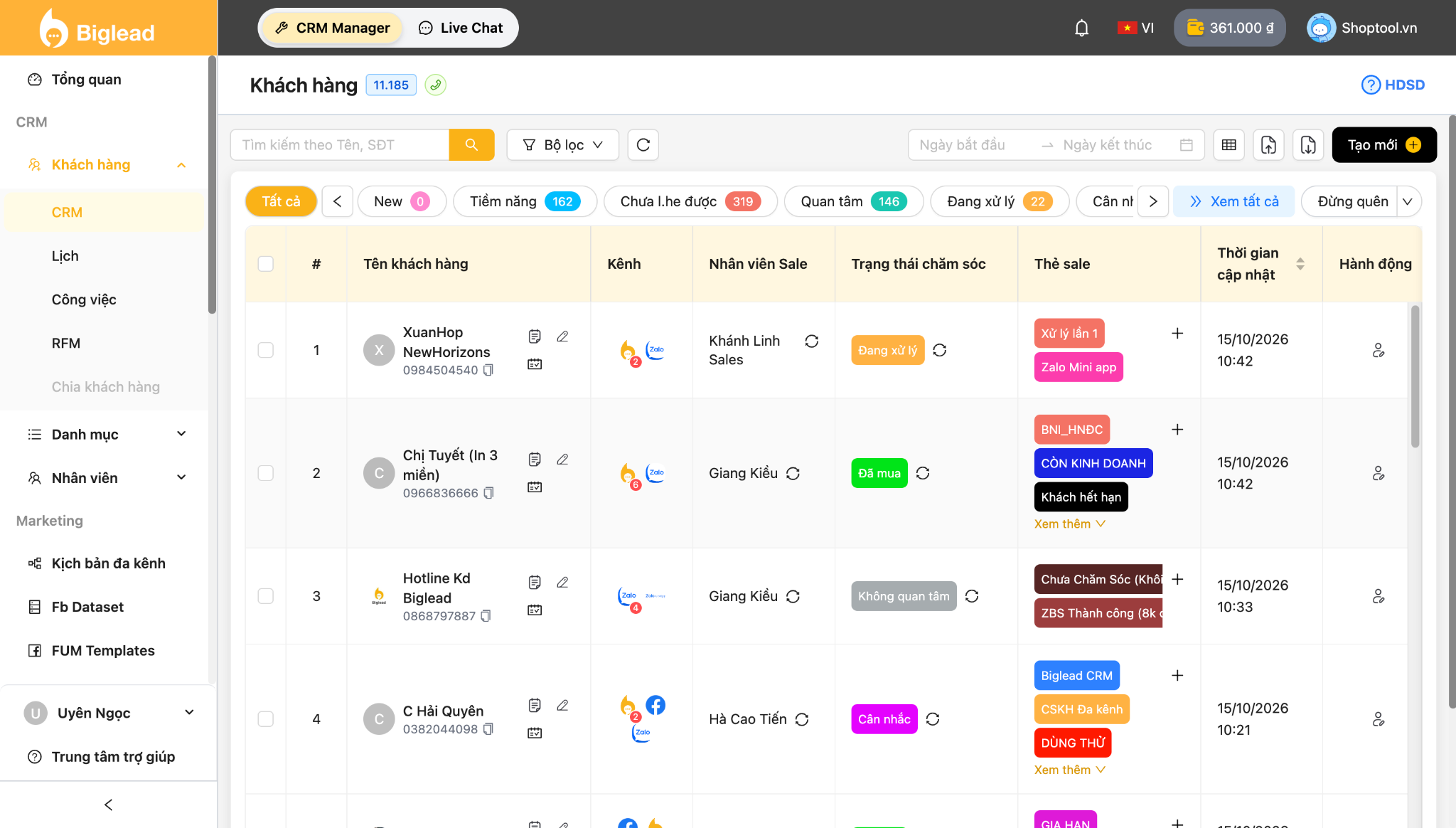 Giao diện quản lý khách hàng Biglead CRM